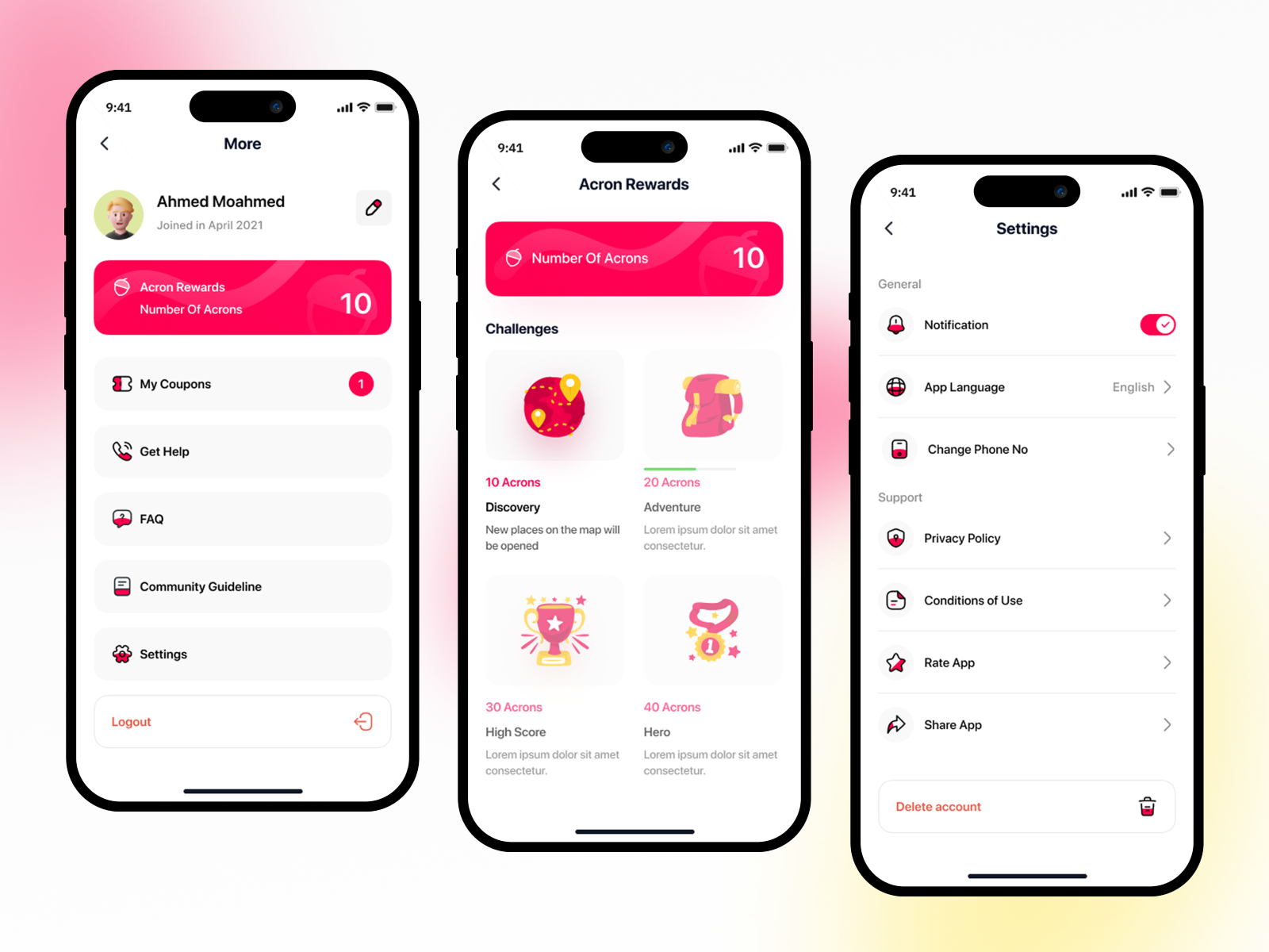Acron: Rewards & Account Settings account clean contact support great coupons ksa manage account mobile app modern more preferences privacy policy profile settings redeem points restaurant coupons rewards saudiarabia terms conditions uxui design
