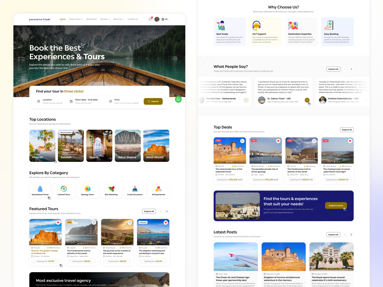 Panorama Travel: A Comprehensive Look at the Homepage booking creativity flight guided tours gulf hero section home page hotel minimal modern muscat navigation bar oman search engine tour tourism travel agency trip planner uxui design website