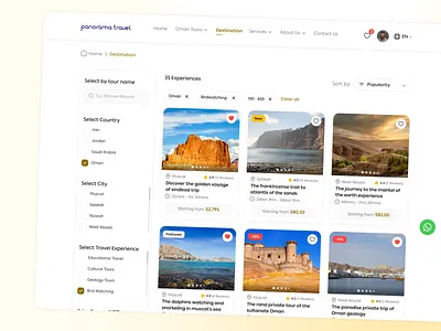 Panorama Travel: Experiences/Destinations Page creativity destinations page experiences filter pins functional design interaction muscat oman overview search smart filter tags tour uxui design web app design website