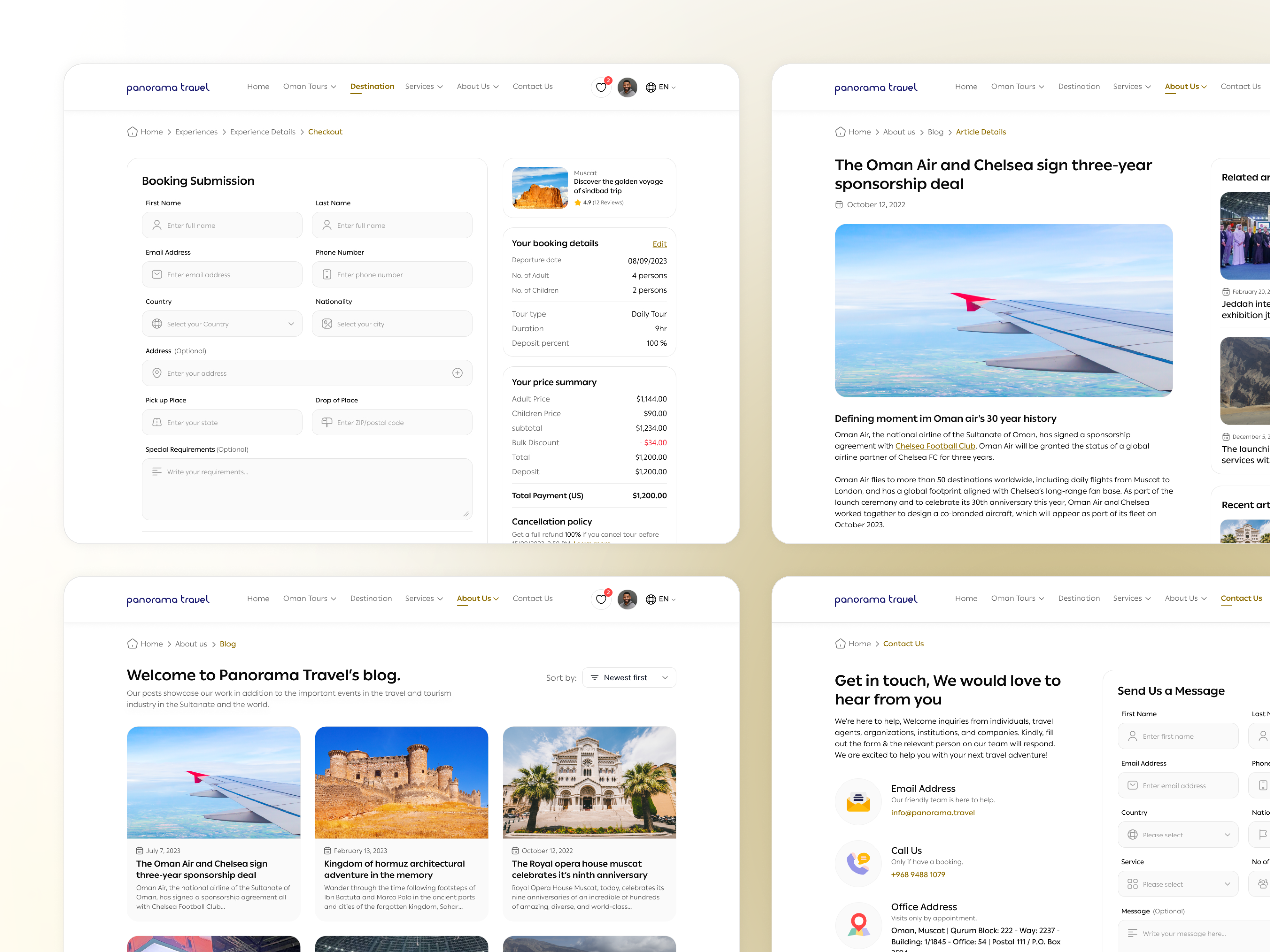 Panorama Travel: Checkout, Blog, Article Details & Contact Us article details blog booking checkout process contact us creativity functional desig interaction minimal muscat oman mountains payment details tour tourism travel agency uxui design web design website