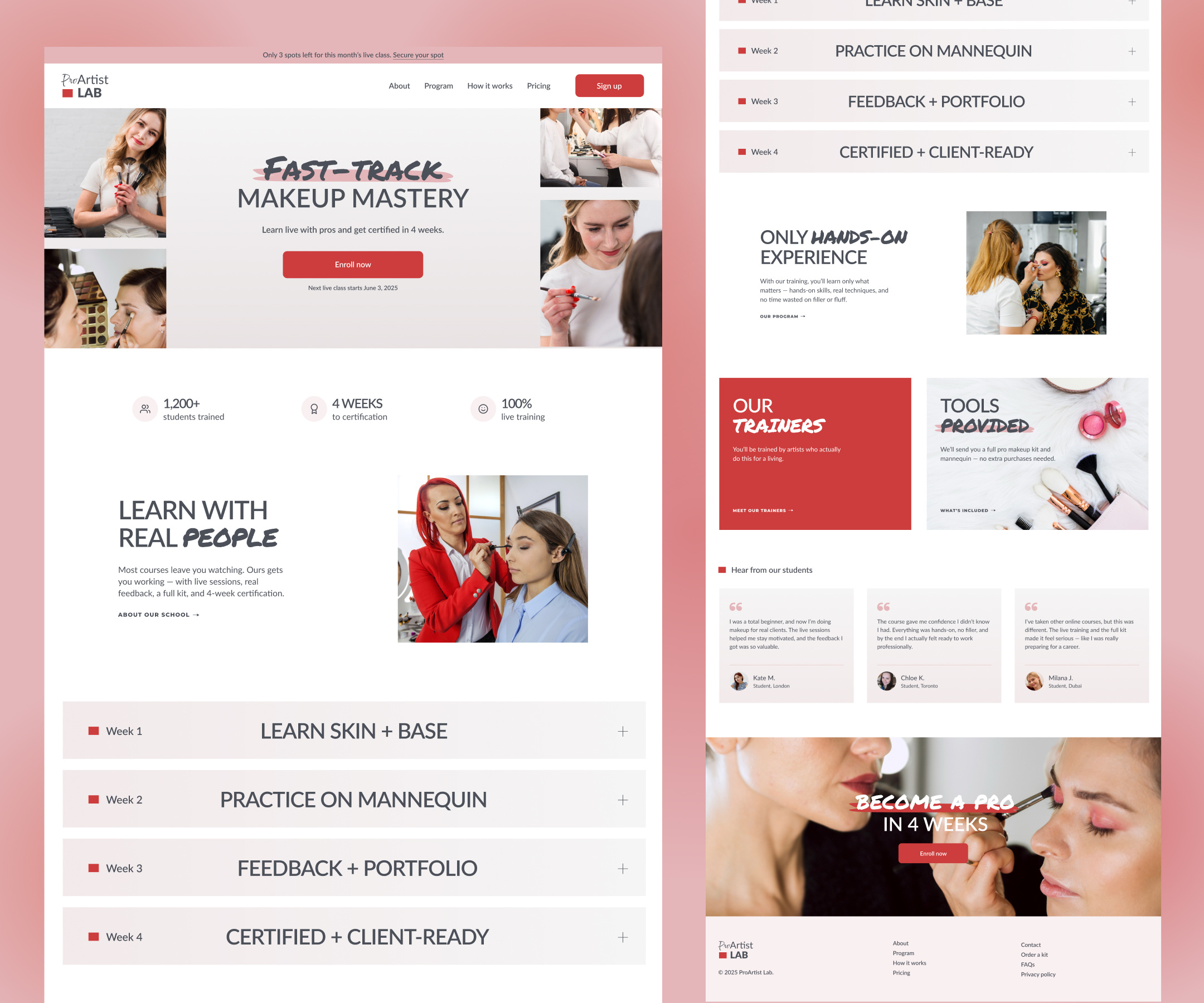 Website for an online school for makeup artists artist beauty classes courses edtech education graphic design hero landing page makeup minimal salon school testimonials web design website design