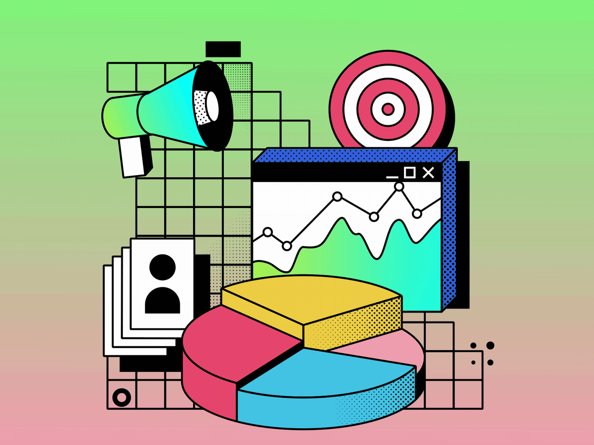 Market segmentation and targeted advertising 2d ads advertising analytical data animation design gradient illustration line graph loop market segmentation marketing research megaphone motion graphics pie chart target audience targeting web marketing work