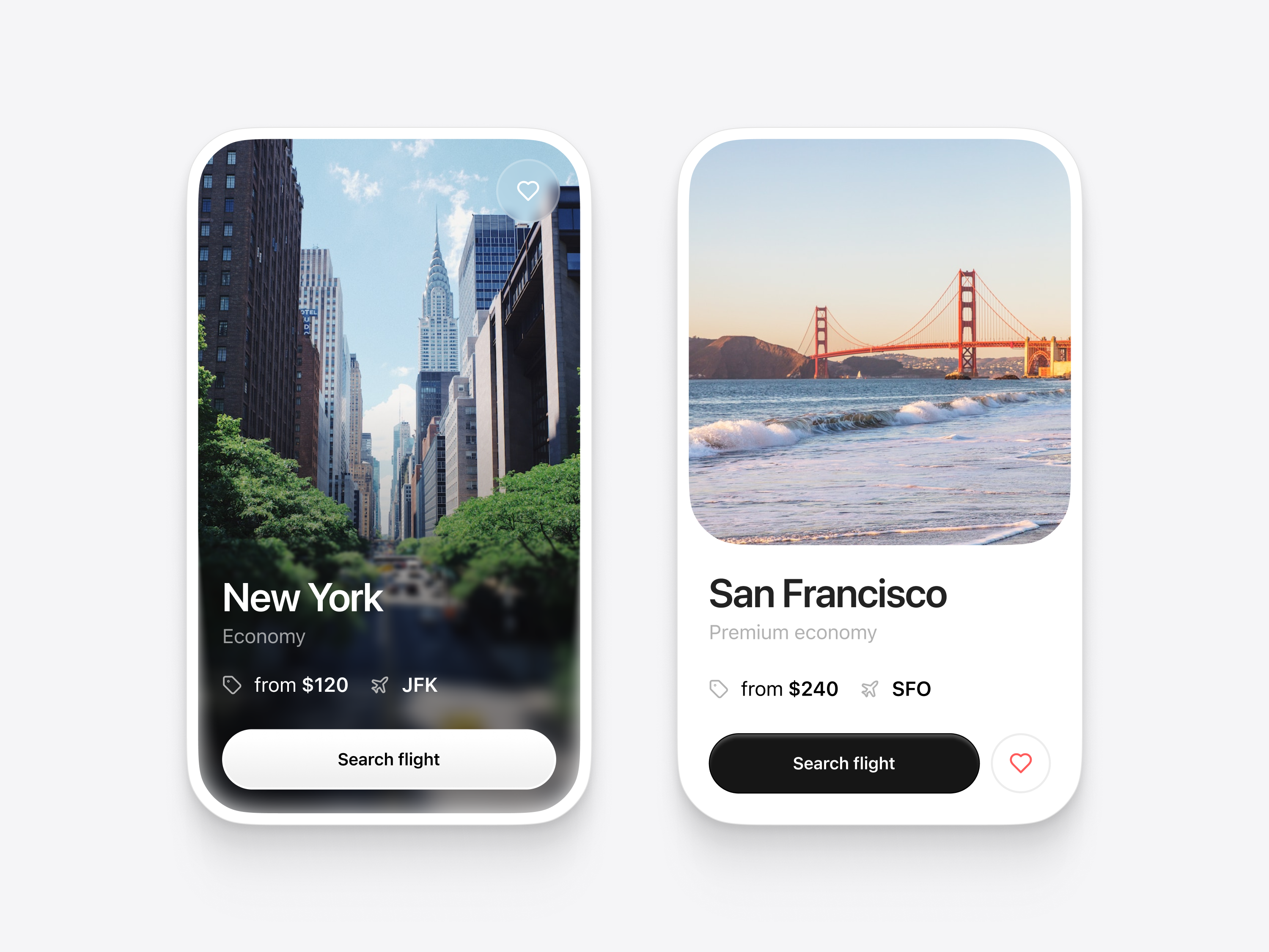 Example of City flight ticket booking cards