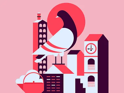 Urban Pigeon Illustration abstract pigeon architectural shapes bird in city bold colors bold palette city elements colorful city contemporary artwork geometric design graphic art minimal city modern cityscape modern decor pigeon silhouette street vibes stylized bird urban illustration urban nature vibrant composition