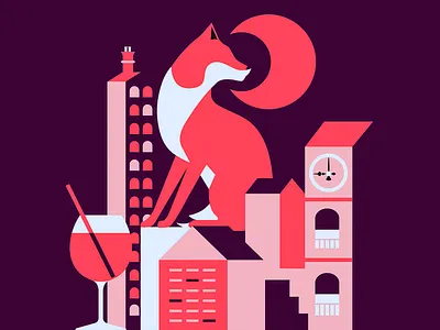 Urban Moonlight Tale Artwork abstract buildings art bold contrast cityscape art cocktail glass contemporary art crimson moon elegant silhouette fox silhouette illustration minimalist style modern architecture moonlight city mystical vibes night fox nocturnal beauty rooftop scene storytelling visual surreal design urban illustration