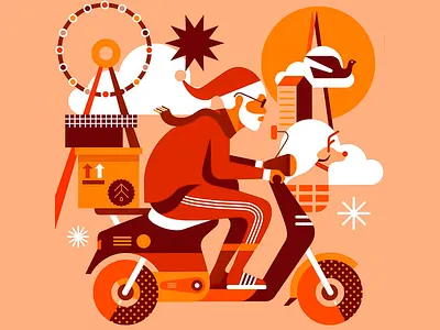 Santa Express Urban Delivery Ride Illustration bold composition cartoon santa christmas delivery christmas vibes festive ride flat vector holiday graphic holiday humor holiday scooter modern christmas red palette retro colors santa concept santa illustration santa transport seasonal artwork sleigh alternative urban santa warm tones winter cityscape