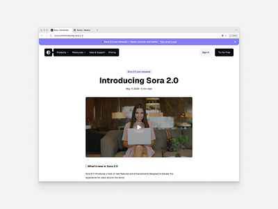 Blog post ai alert annoncement banner article blog blog post clean figma landing page minimal navigation play product design saas sfotware ui ux video web design