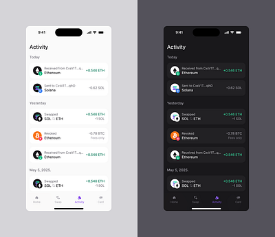 Activity Page for a Non-Custodial Wallet Mobile App activity blockchain crypto defi mobile non custodial ui web3