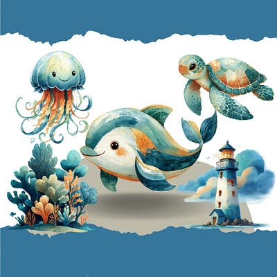 Sea Animals – Minimalist Watercolor in Blue and Gold marine theme