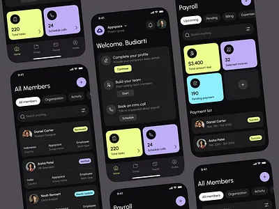 Job & Recruitment Mobile App app card dark mode employee figma hiring hr tech job list member minimal mobile app modern pastel ui payroll recruitment app task team management ui design ux design
