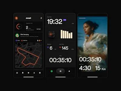 Await - Fitness Tracking Social Mobile App app clean dark design fitness fitness app minimal minimalist mobile running app social sport strava tracking ui ux