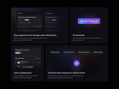 SaaS Task Management | Bento section b2b bento bento design bento grids clean ui crm dark data design figma hrm landing page lms saas software ui ux uxui visual identity website