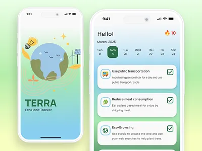 Terra: Eco Habit Tracker earth eco environment eye catchy figma green habit tracker minimal mobile app mobile ui modern ui design