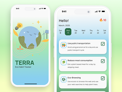 Terra: Eco Habit Tracker earth eco environment eye catchy figma green habit tracker minimal mobile app mobile ui modern ui design