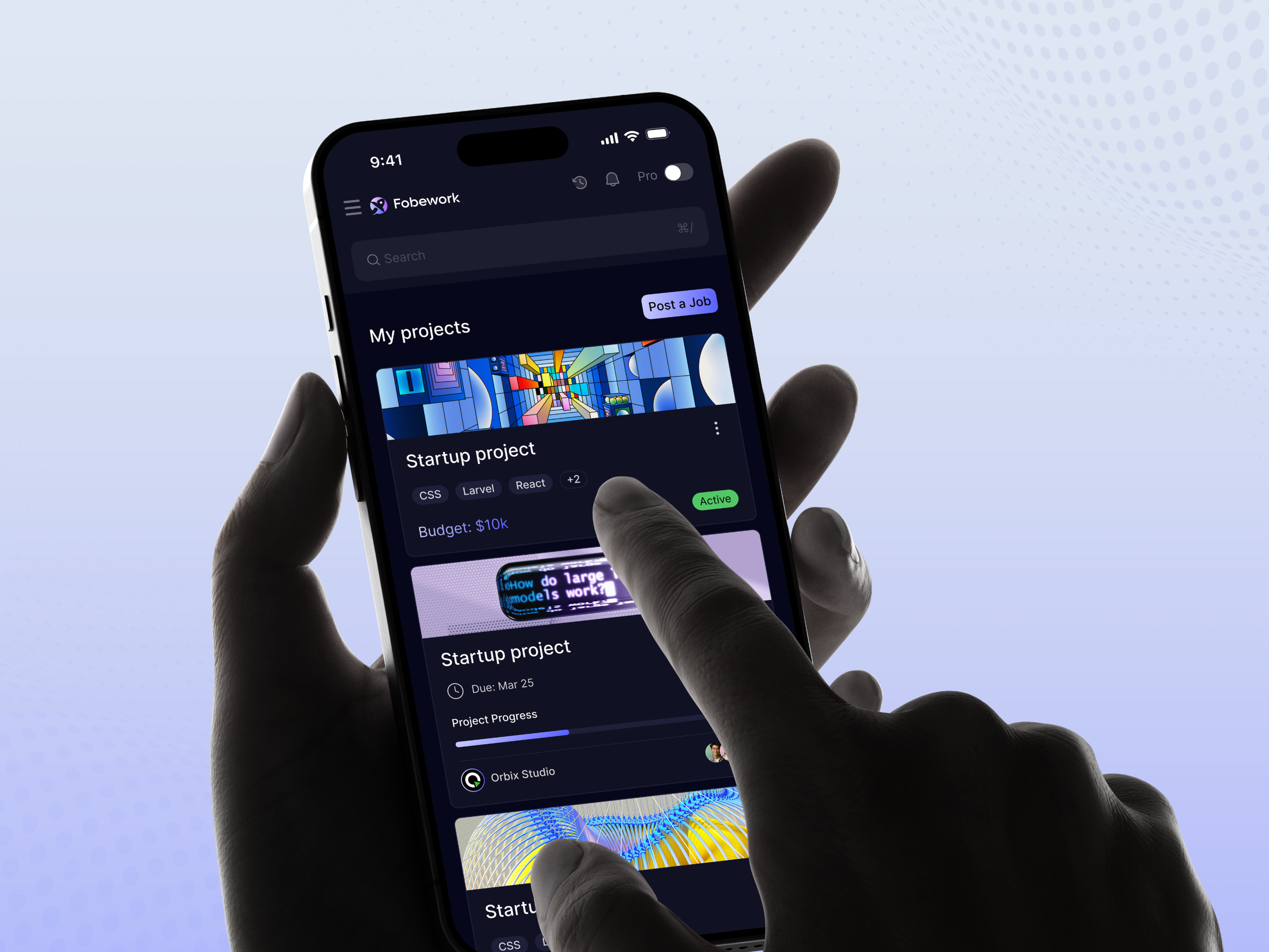 Fobework - Mobile Dashboard for Freelancers | Orbix Studio app ui career clean dark dark mode dashboard design freelance interface job job traking minimalist mobile app mobile ui orbix studio product design project traking ui ux