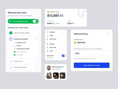 Creator Components card clean components creator dashboard menu mobile modal money progress stepper ui ux