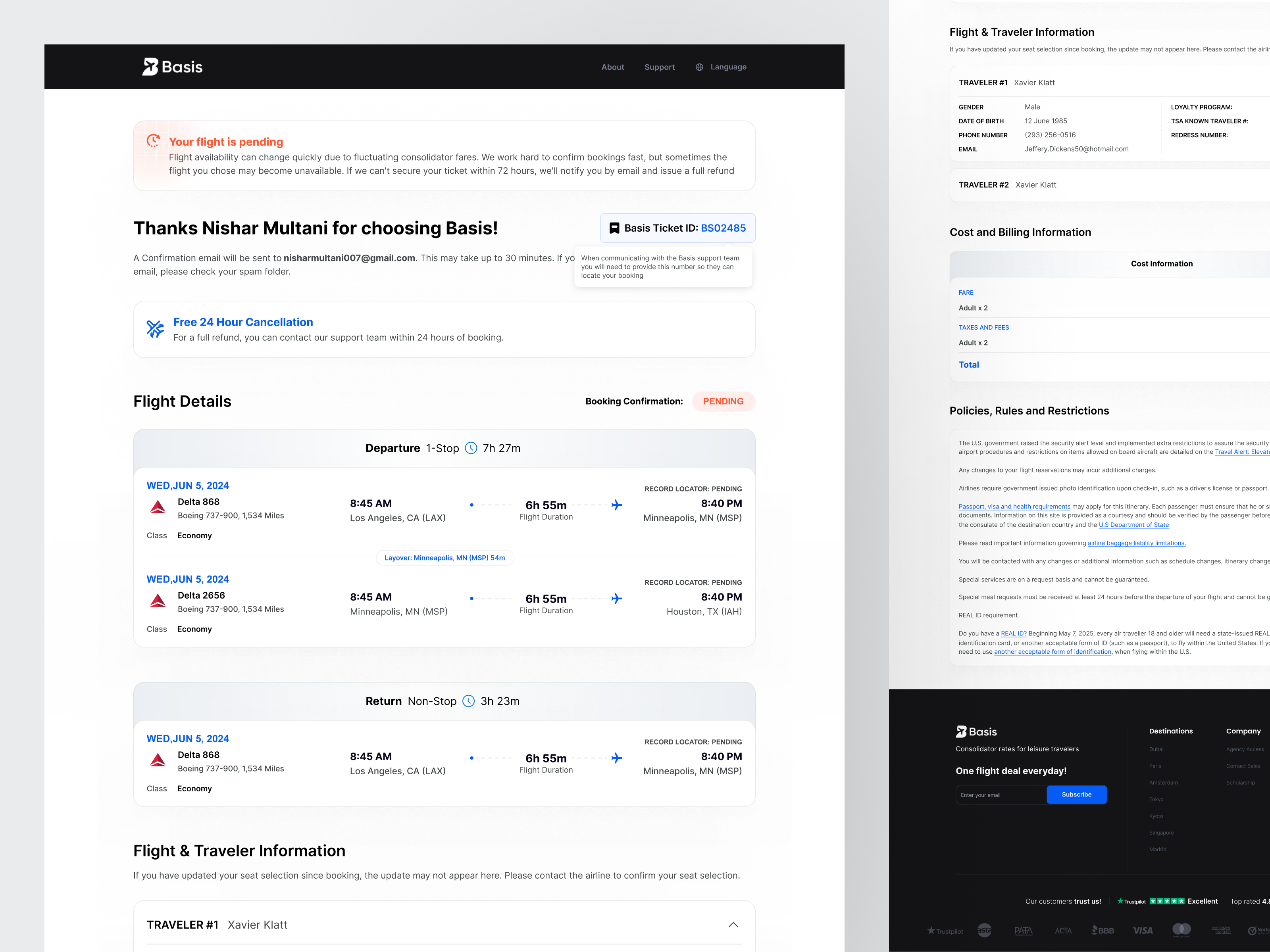 Example of Flight Booking Confirmation Page UI