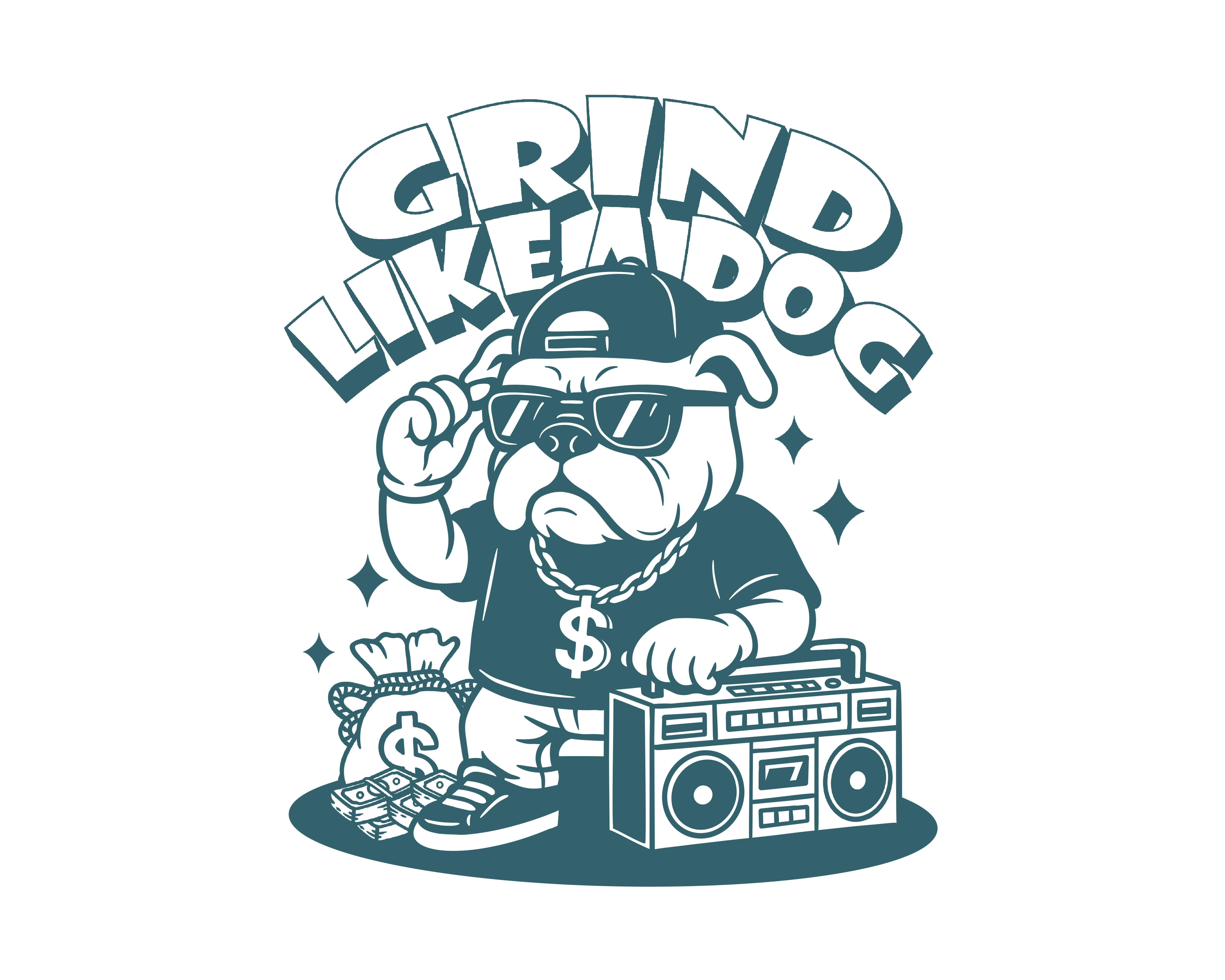 Grind Like A Dog apparel art art for sell artwork dog bull dog cartoon characterdesign characters cute art cute illustration dog dog cartoon graphic design grind like a dog illustration money retro rich t shirt vintage