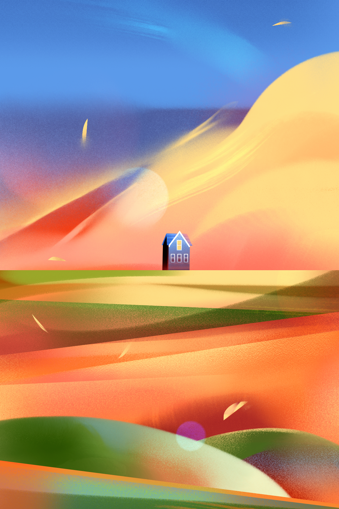 Lonely House. atmosphere clouds countryside digital illustration farm fields golden hour gradient sky house house in the country illustration landscape landscape illustration painted background rural sky