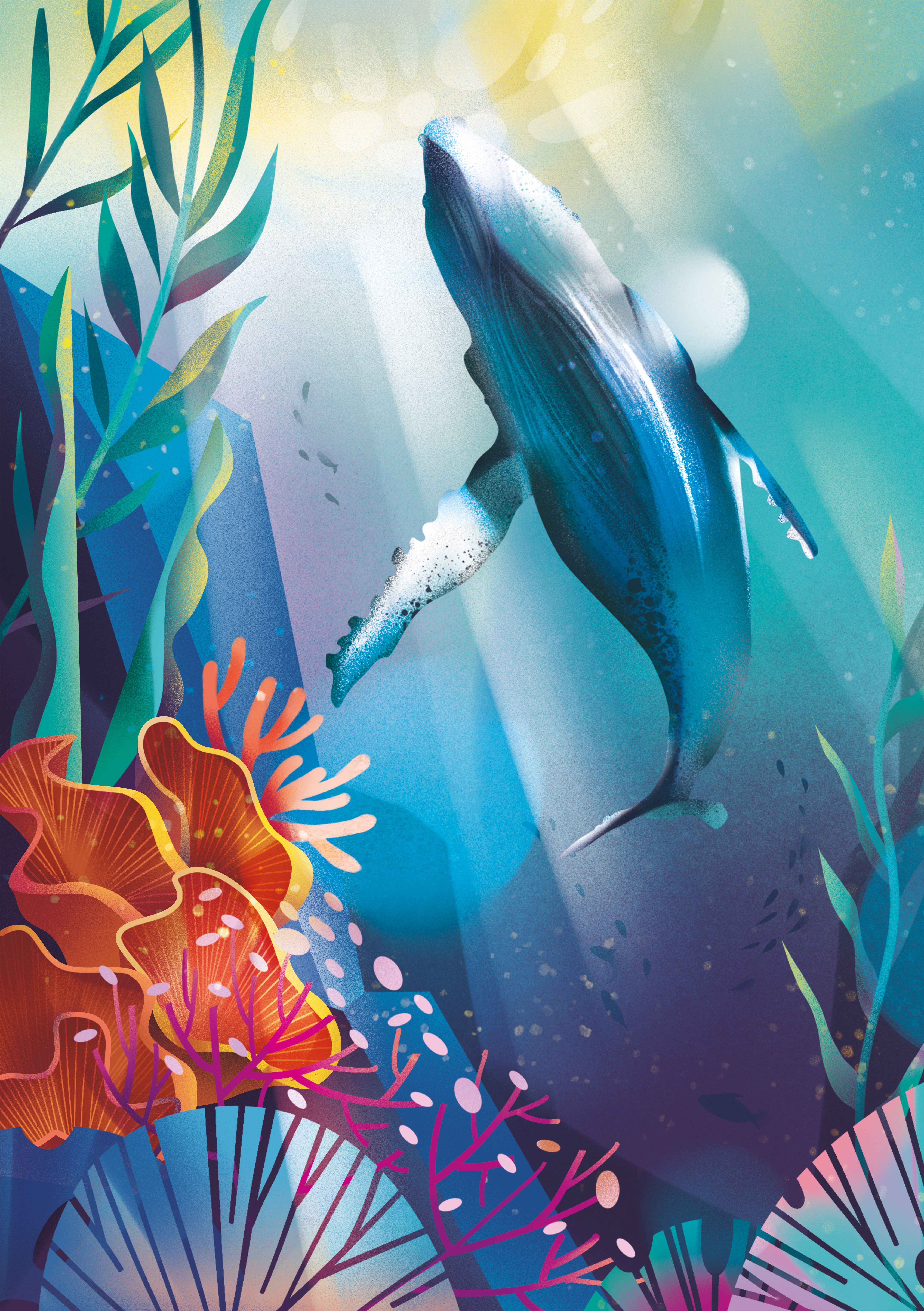Underwater Sunshine. cinematic coral reef illustration lighting sea sea creature sea illustration under the sea underwater underwater scene water lighting whale