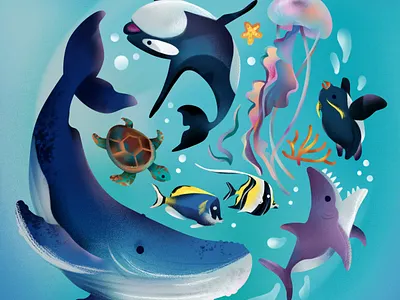 Wheel of Life animal illustration cute sealife cute shark fish humpback whale illustration jellyfish penguin sea characters sea illustration shark tropical fish turtle whale