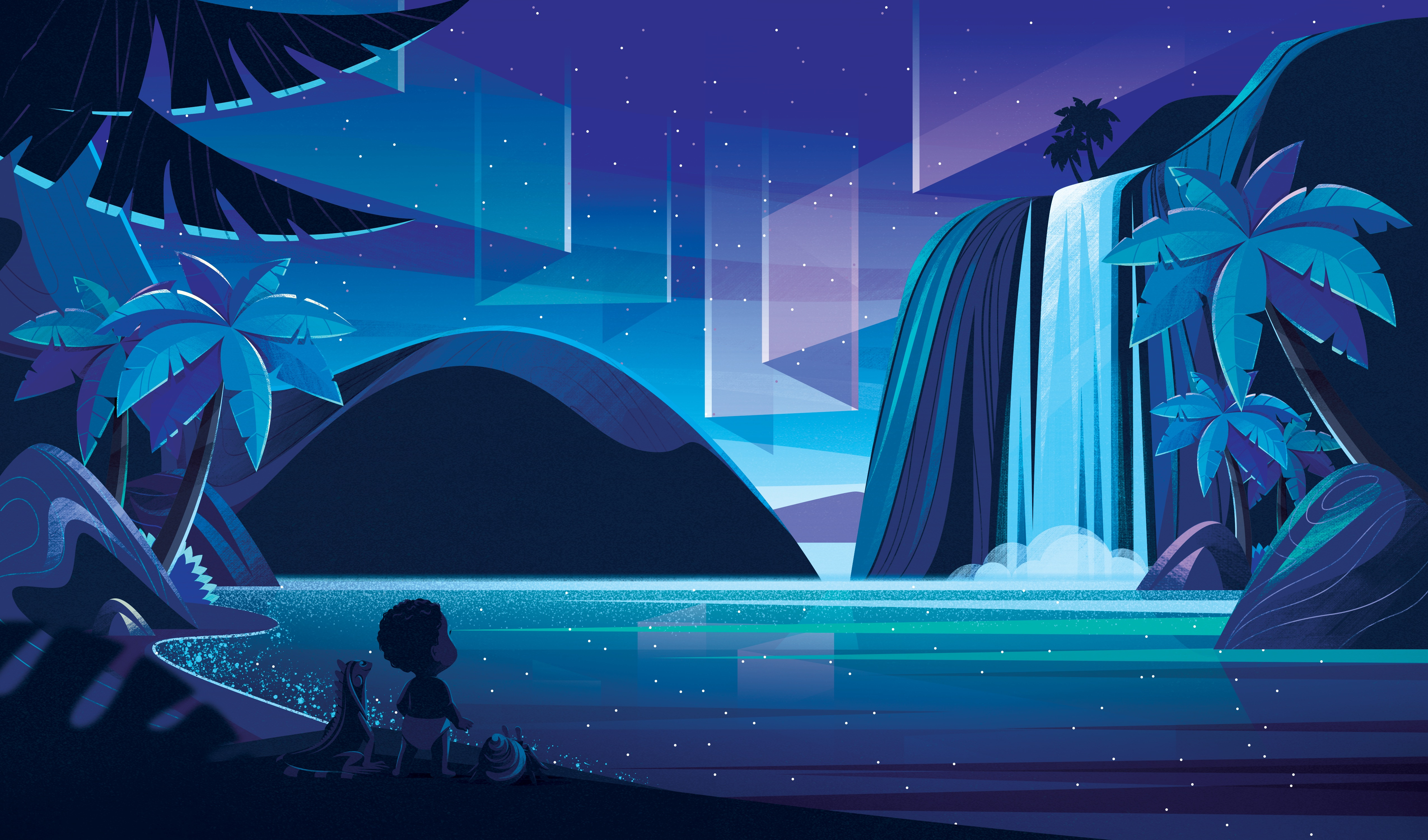 Magical lagoon aurora baby book character children colorful dream illustration island lagoon magic moonshine night palm tree sea stars texture waterfall