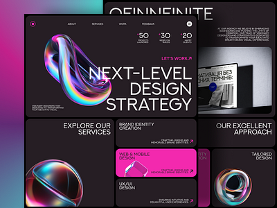 Futuristic Agency Website Landing page 3dillustration agencywebsite boldtypography creativeagency darkmode designsystem figma landingpage neonvibes uiconcept uidesign visualdesign webdesign webflow
