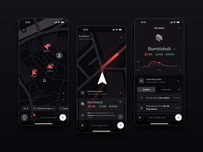Multi-Purpose Robots App app black bot city dark mode dark theme dashboard design details experience fleet interface management map navigation robot task ui user ux