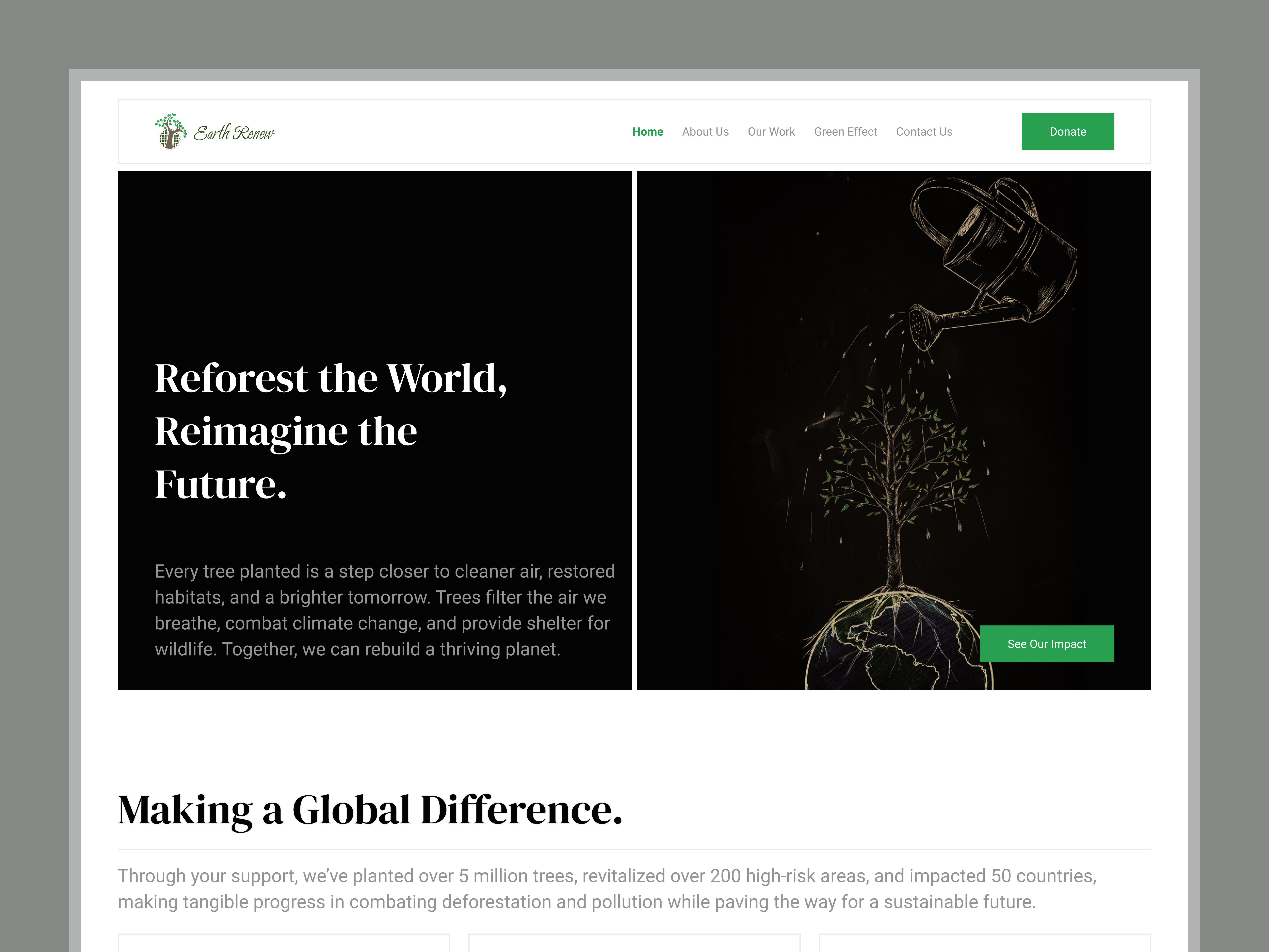 Earth Renew - Nonprofit Organization cleanairsolutions climateaction climatechangeaction earthrenew ecofriendlydesign environmentaldesign globalreforestation greenwebsite impactfuldesign minimalistdesign natureconservation nonprofitorganization planttrees reforestation savetheplanet sustainabilitydesign sustainablefuture treeplanting uiuxforgood webdesignfornonprofits