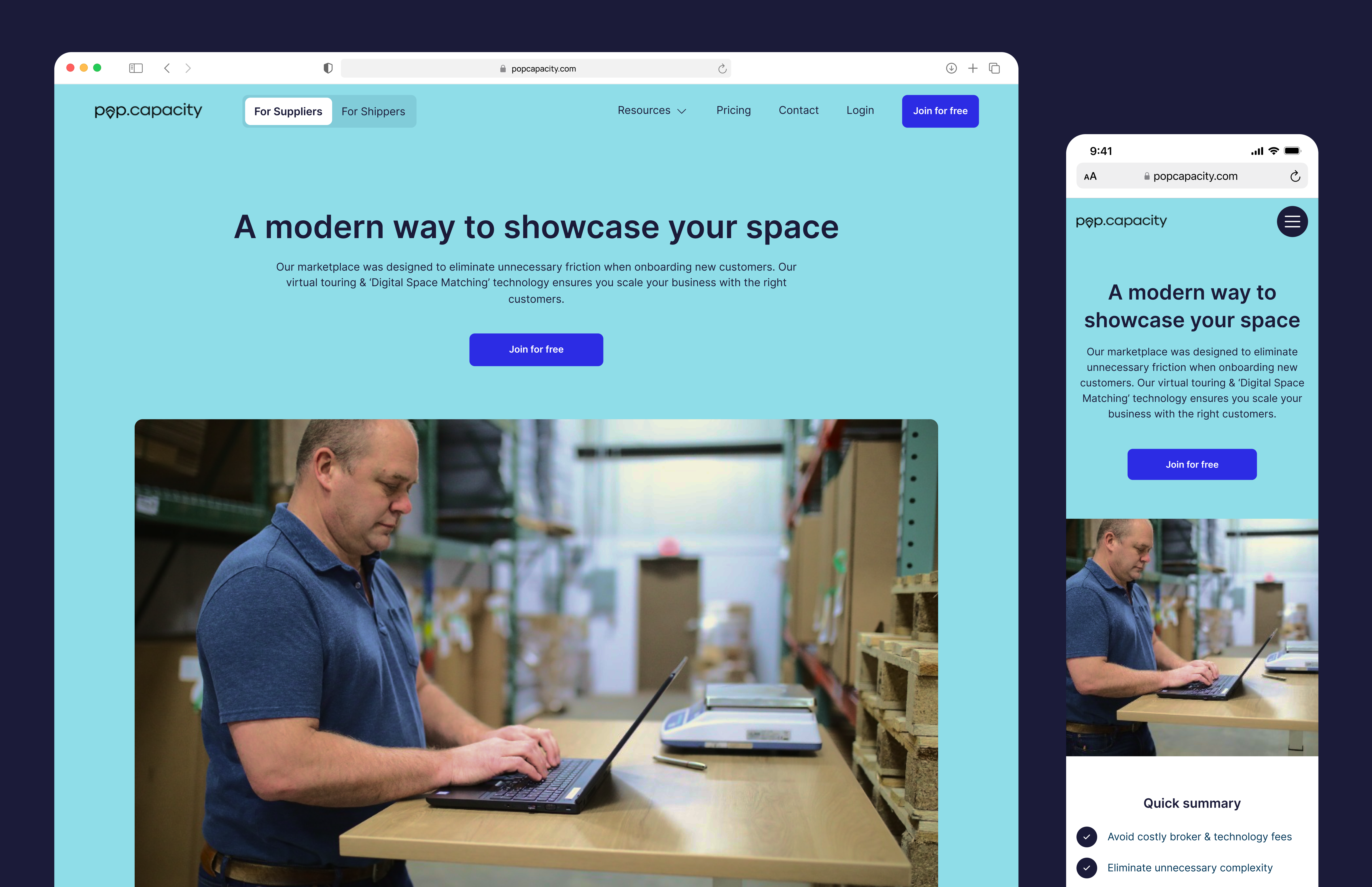 Pop.capacity - website blue branding clean design desktop figma landingpage mobile rwd sellers ui ux warehouse website