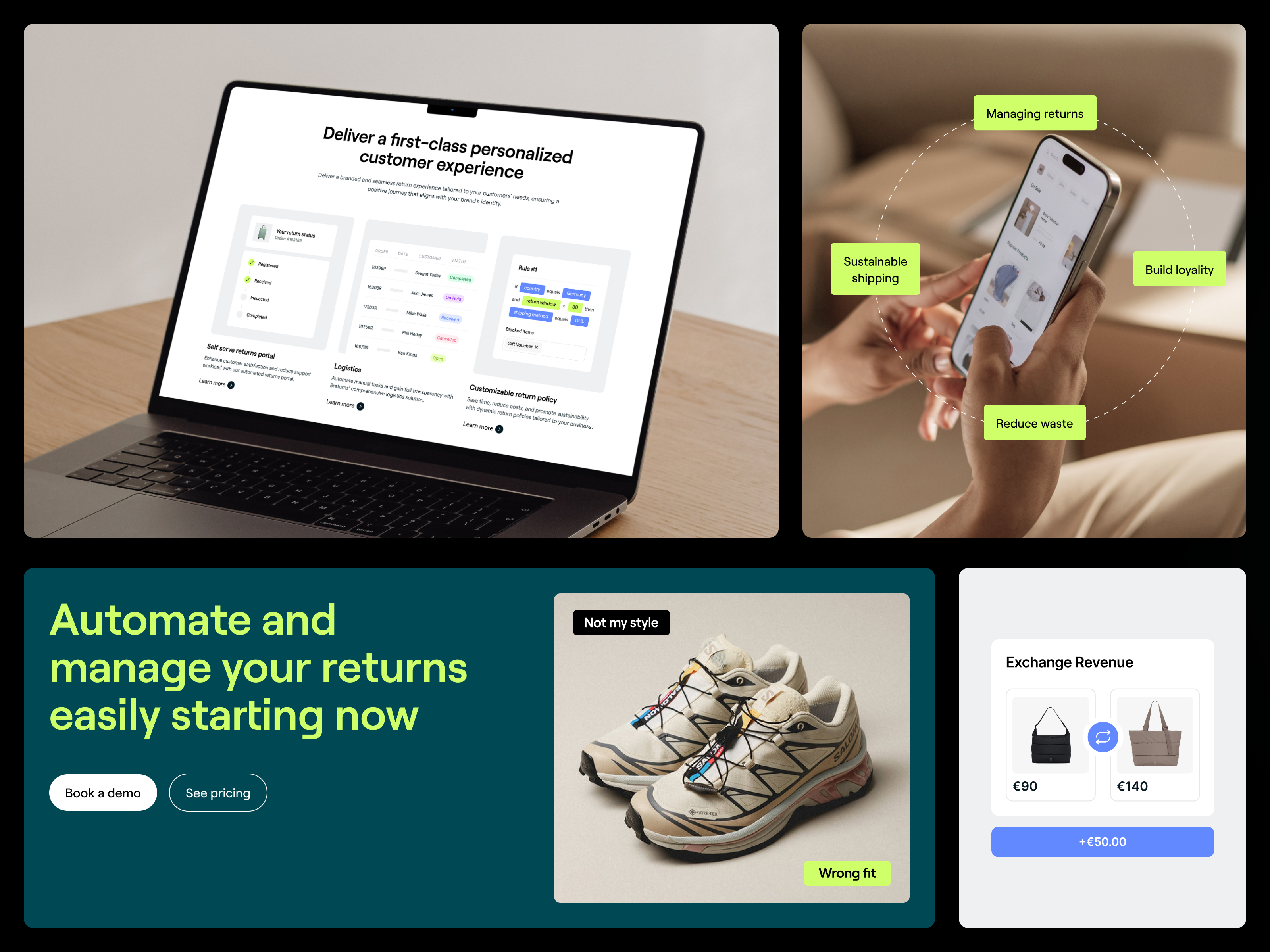 8returns - Website bold bright demo design system ecommerce human centered interaction product visuals return saas ui user interface ux vibrant web design webflow website