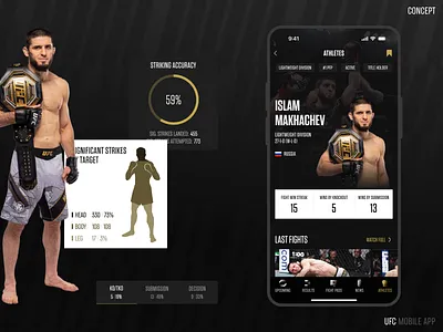 UFC. Athlete Profile and Stats. data visualization fight app martial arts mobile app sport statistics ufc ui