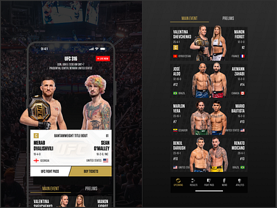 UFC. Event screen. Fighters fight martial arts mobile app sport ufc ui