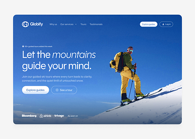 Globify - Ski Tour Guide Landing Page Design beautiful landscape dobritoiu tudor figma hero design landing page landscape modern page modern ui mountains ski tour skiing ui ux design web design website design