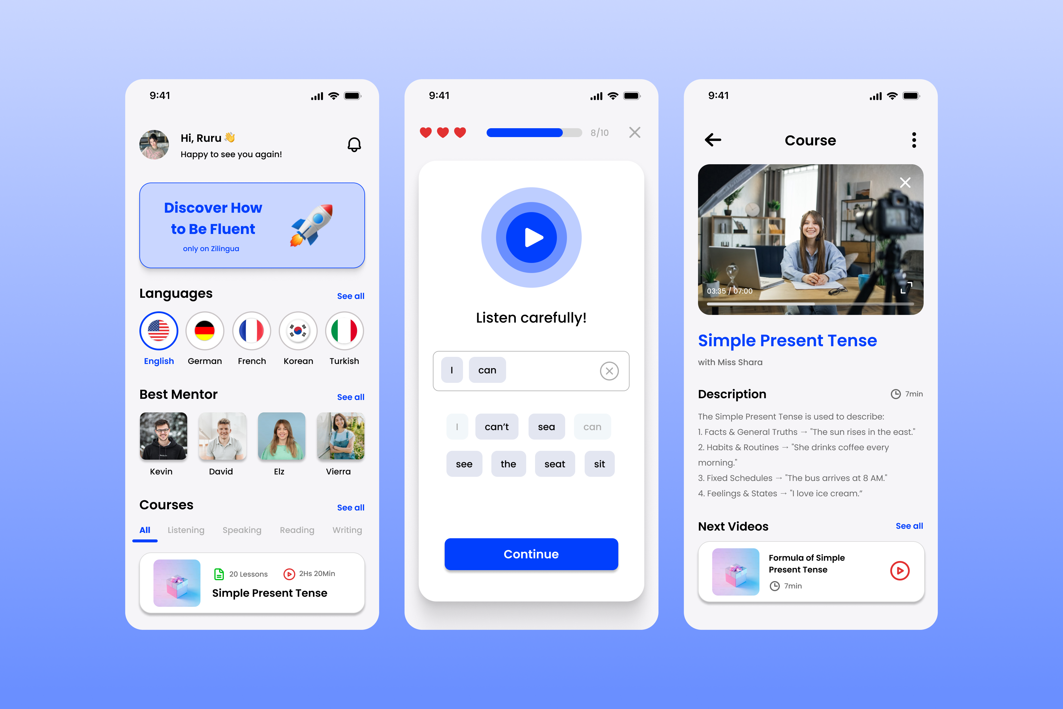 Zilingua - Language E-Learning UI App 3d animation branding graphic design logo motion graphics ui