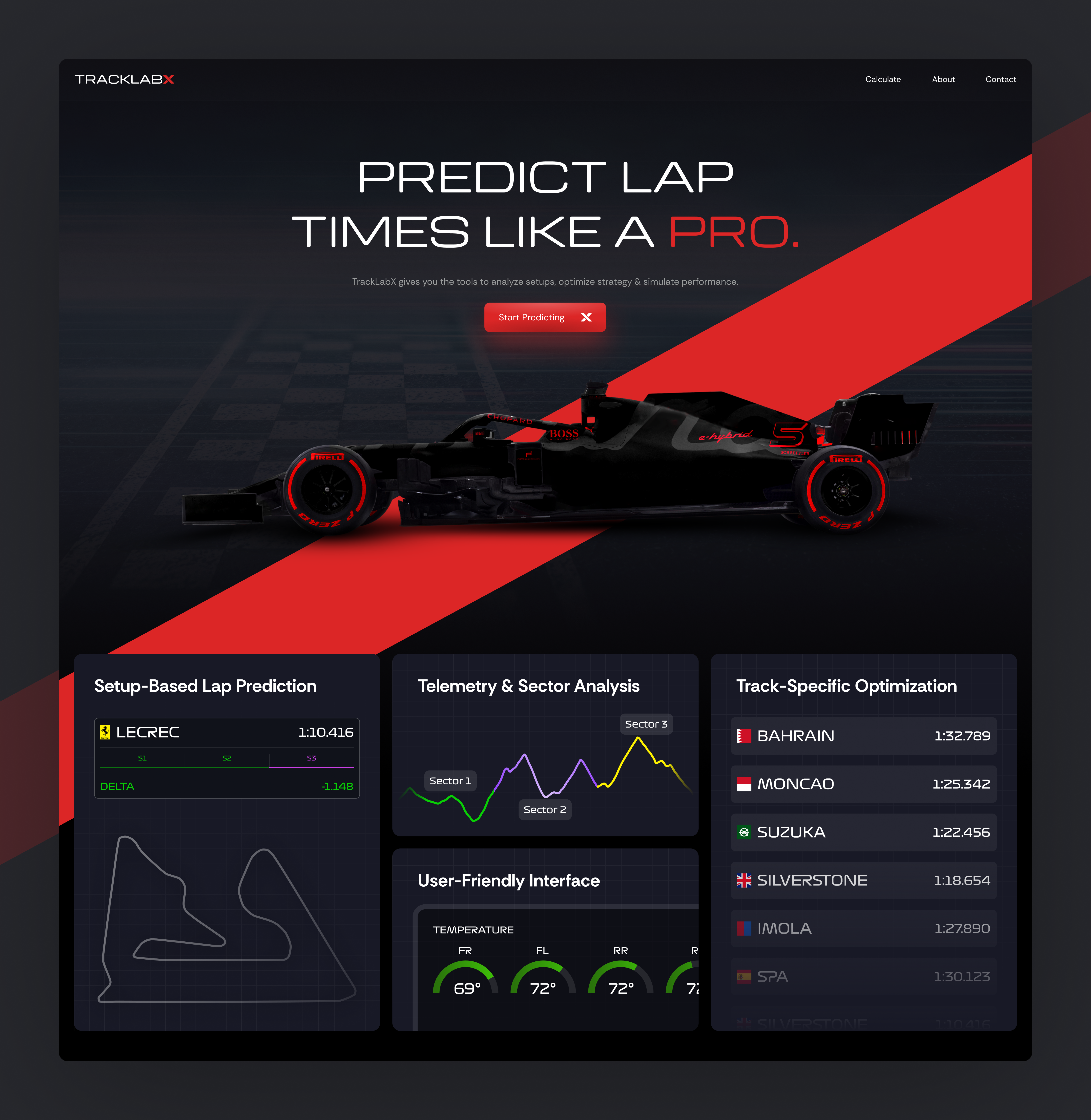 TracklabX - Lap Time Predictor dark f1 formula1 landing new red theme trending ui web webdesign