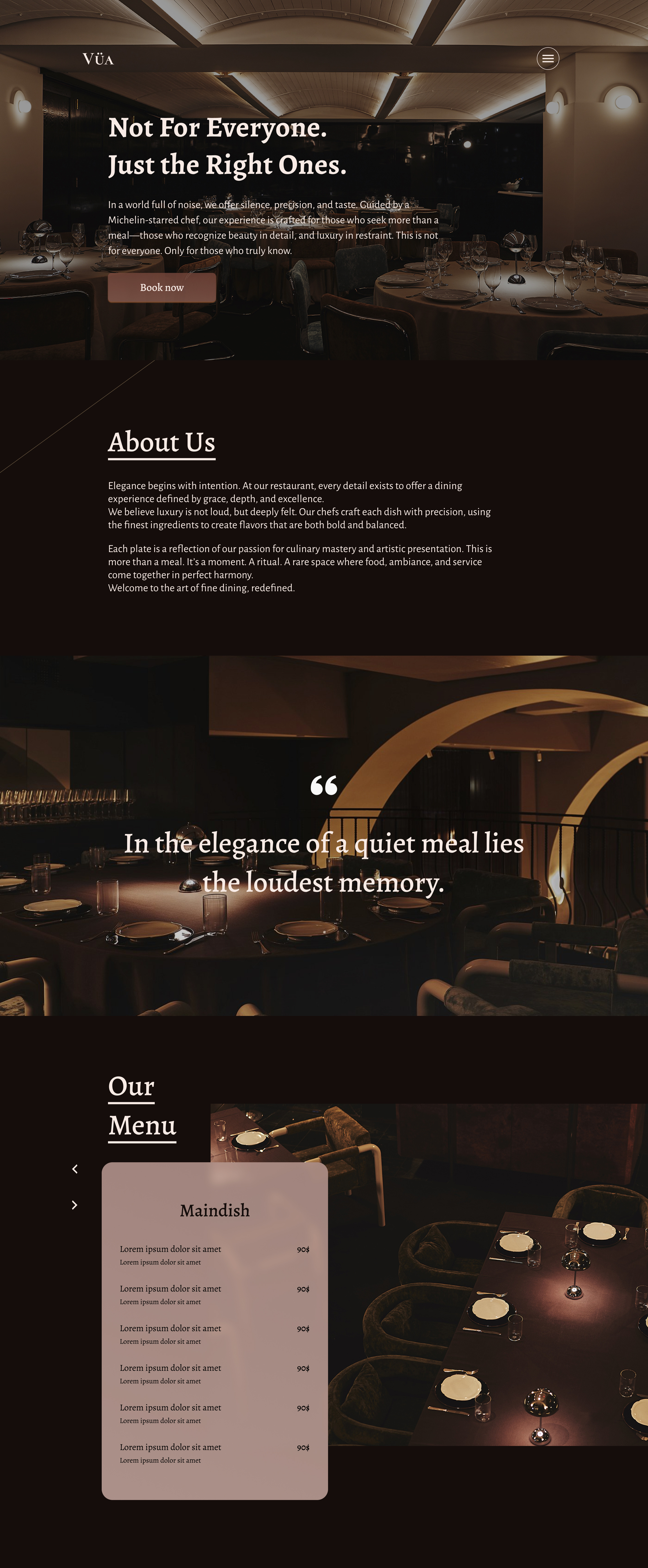 Vüa - A luxurious Restaurant - Landing Page (shot 1) behance booking branding brown design dribble figma landing page logo luxury mobile modern reservation responsive restaurant shot simple ui ux website