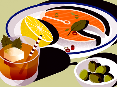 Modern Food Still Life Illustration aesthetic table art concept bold color clean palette cocktail drink dinner plate drink garnish editorial artwork flat shadows food illustration geometric shadows gourmet scene graphic composition lemon slice minimal design modern stilllife olive bowl salmon steak stylized food vector style