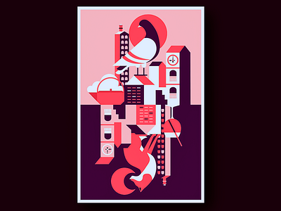 Illustration - Urban Reflections in Graphic Form abstract symmetry architectural shapes artistic composition bold colors city elements concept art creative geometry dual tone flat design mirror effect modern artwork pigeon symbolism pop graphic retro style stylized buildings urban illustration vector design visual balance
