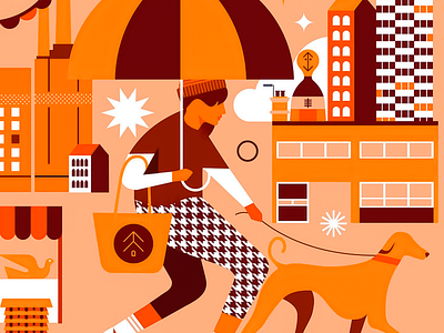 City Walks with Autumn Warmth Artwork autumn vibes bold palette character scene clean lines cozy atmosphere dog walking everyday life fashion detail flat design graphic character minimal shapes modern city orange tones playful composition public space street style stylized architecture urban illustration vector style warm colors