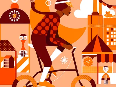 City Ride on Sunny Afternoon Illustration abstract shapes architectural details bicycle ride city life color harmony contemporary design daily commute editorial concept flat illustration geometric art graphic balance modern style orange palette playful visuals public market stylish character sunny mood urban cyclist vector scene