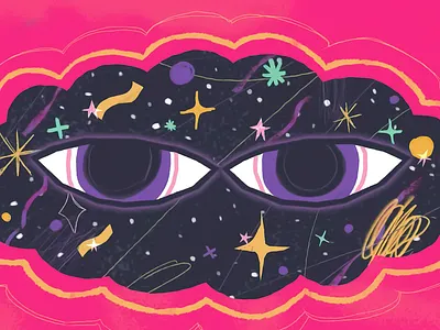 Cosmic Eyes Behind Clouds Illustration abstract vision celestial design cosmic art cosmic concept dream vision fantasy sky futuristic feel galaxy theme graphic cosmos magical atmosphere mystical gaze outer space pink universe pop surrealism space mood spiritual illustration star elements surreal eyes universe watcher