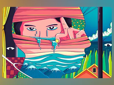 Melting Silence of the Mountains Art abstract portrait bold outlines character focus conceptual drawing dreamy vibes emotional depth fantasy scenery graphic surrealism layered meaning melting face mountain landscape mysterious theme psychedelic art surreal illustration symbolic design trippy artwork vector illusion vibrant colors vibrant gradient visual metaphor