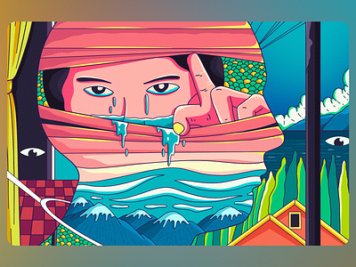 Melting Silence of the Mountains Art abstract portrait bold outlines character focus conceptual drawing dreamy vibes emotional depth fantasy scenery graphic surrealism layered meaning melting face mountain landscape mysterious theme psychedelic art surreal illustration symbolic design trippy artwork vector illusion vibrant colors vibrant gradient visual metaphor
