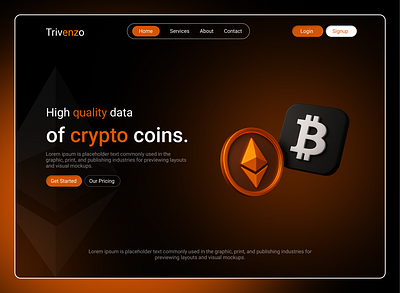 Modern Crypto Landing Page UI – Ethereum x Bitcoin bitcoin blockchain branding crypto cryptocurrency darktheme dashboarddesign ethereum figma landingpage ui uxdesign webdesign