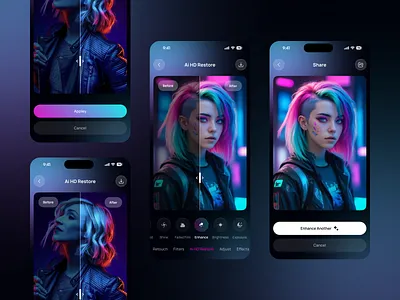 AI Photo Editor Mobile App (Ai HD Restore Flow) ai ai app ai app design ai digital art ai editing mobile app ai hd restore ai image generate ai images ai mobile app ai photo edit ai photo editing ai photo editor ai photo enhance app artificial intelligence enhance ios design mobile app retouch ui design