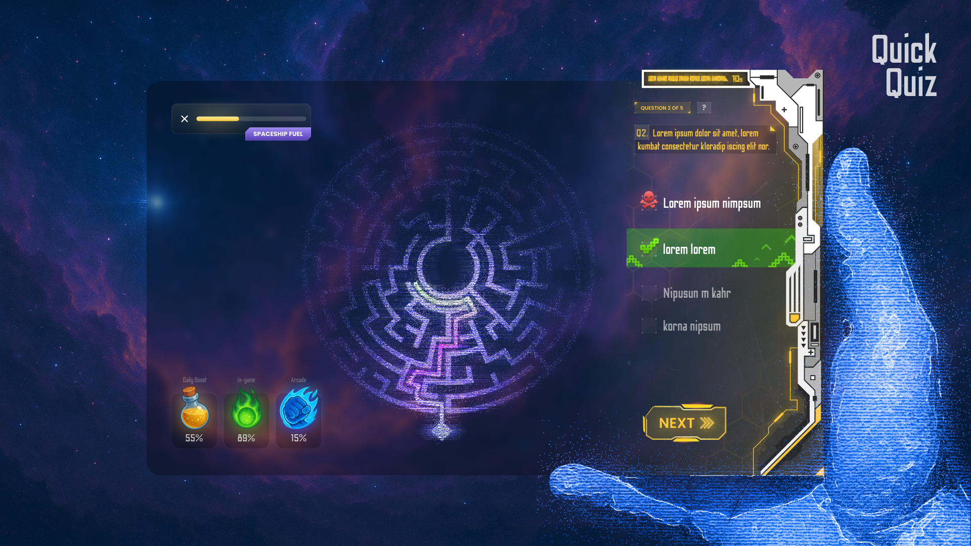 Sci-fi In-Game Quiz Mania UI badges dribbbleshots futuristicui gameui gamification holographic interfacedesign neonui quizui scifidesign spacetheme uxdesign