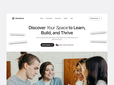 RoomGrow - Community Platform Hero Section animation branding cleanui creativedesign design designcommunity figma graphic design landingpage logo minimalistdesign moderndesign motion graphics saasdesign ui uidesign uiux website
