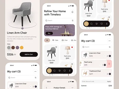 Furniture E-commerce App app design branding cart checkout detail page ecommerce ui figma design furniture app home decor interface interior design minimal mobile app modern pastel product page shop soft color ui design ux design
