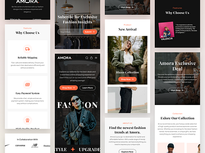 Amora - Fashion Ecommerce Landing Page Kit app apparel clean clothing design e commerce fashion framer ios marketplace mobile online shop orange responsive shopping template ui ux web design website